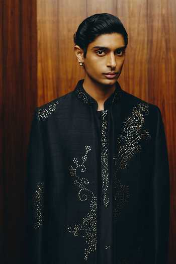 Shop_Dolly J_Black Silk, Cotton, Crepe Zari The Obsidian Embellished Achkan Set _at_Aza_Fashions