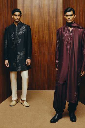 Buy_Dolly J_Black Silk, Cotton, Crepe Zari The Obsidian Embellished Achkan Set _Online_at_Aza_Fashions