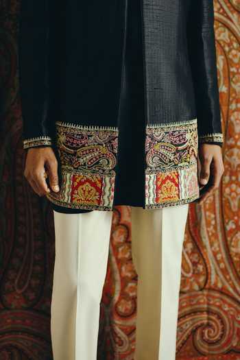 Buy_Dolly J_Black Silk, Cotton, Lycra, Satin The Imperial Noir Raw Jacket Kurta Set _Online_at_Aza_Fashions