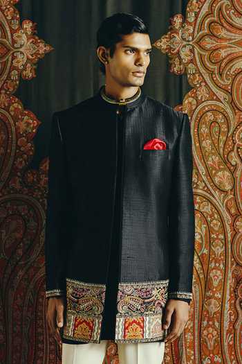 Shop_Dolly J_Black Silk, Cotton, Lycra, Satin The Imperial Noir Raw Jacket Kurta Set _at_Aza_Fashions