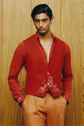 Shop_Dolly J_Rust Crepe, Silk, Cotton, Tweed Embroidery Emberline Pattern Waistcoat Pant Set _at_Aza_Fashions