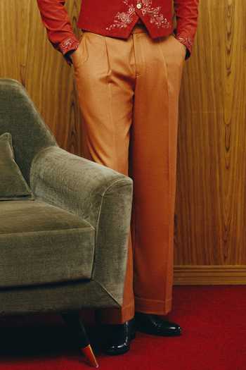 Dolly J_Rust Crepe, Silk, Cotton, Tweed Embroidery Emberline Pattern Waistcoat Pant Set _Online_at_Aza_Fashions