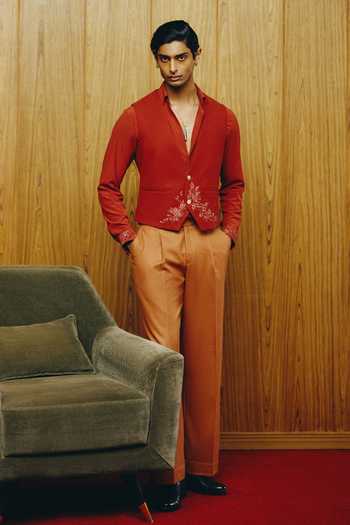 Buy_Dolly J_Rust Crepe, Silk, Cotton, Tweed Embroidery Emberline Pattern Waistcoat Pant Set _at_Aza_Fashions