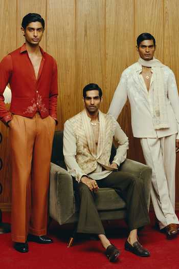 Buy_Dolly J_Rust Crepe, Silk, Cotton, Tweed Embroidery Emberline Pattern Waistcoat Pant Set _Online_at_Aza_Fashions