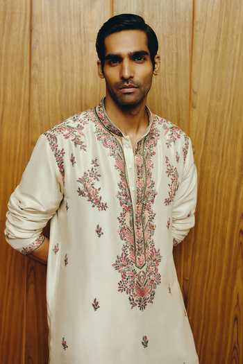 Shop_Dolly J_Ivory Silk, Cotton Embroidery Elan Kurta And Trouser Set _at_Aza_Fashions