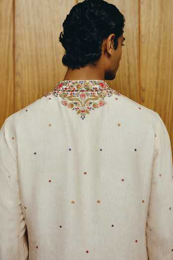 Shop_Dolly J_Ivory Silk, Cotton Embroidery The Elias Kurta And Trouser Set _at_Aza_Fashions
