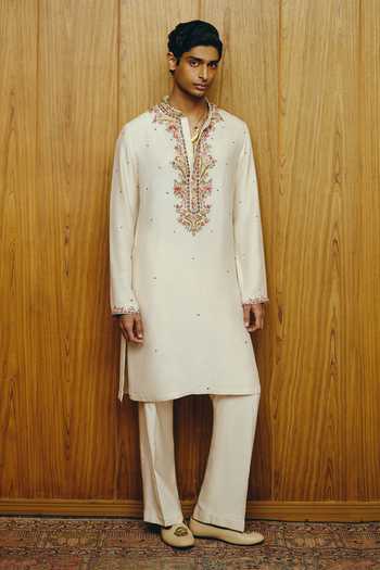 Buy_Dolly J_Ivory Silk, Cotton Embroidery The Elias Kurta And Trouser Set _at_Aza_Fashions