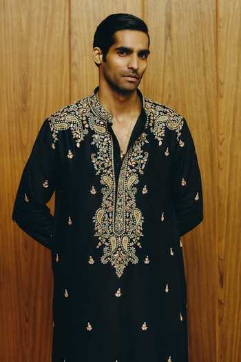 Shop_Dolly J_Black Silk, Cotton Embroidery The Vesper Kurta And Pant Set _at_Aza_Fashions