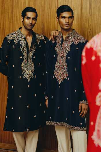 Dolly J_Black Silk, Cotton Embroidery The Vesper Kurta And Pant Set _Online_at_Aza_Fashions