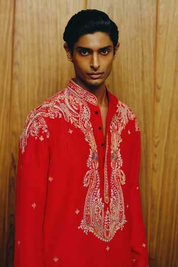 Shop_Dolly J_Red Silk, Cotton Embroidery The Rouge Heritage Kurta Set _at_Aza_Fashions