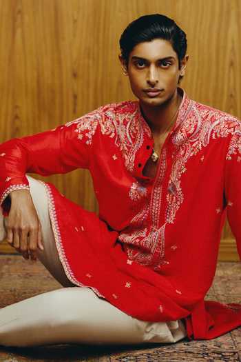 Dolly J_Red Silk, Cotton Embroidery The Rouge Heritage Kurta Set _Online_at_Aza_Fashions