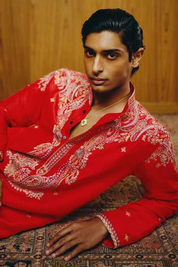 Buy_Dolly J_Red Silk, Cotton Embroidery The Rouge Heritage Kurta Set _Online_at_Aza_Fashions