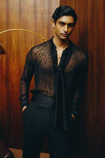 Shop_Dolly J_Black Georgette, Crepe, Satin Beads Noir Embellished Shirt Pant Set _at_Aza_Fashions