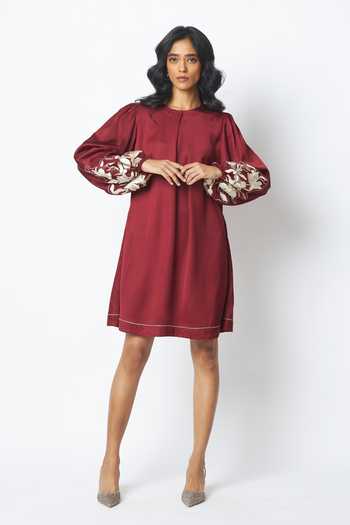 Buy_MADDER MUCH_Burgundy Bemberg, Cotton, Satin Embroidery Poey Sculpted Sleeve Shift Dress _at_Aza_Fashions