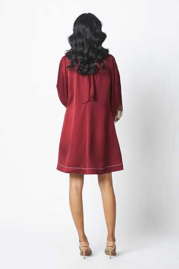 Shop_MADDER MUCH_Burgundy Bemberg, Cotton, Satin Embroidery Poey Sculpted Sleeve Shift Dress _at_Aza_Fashions