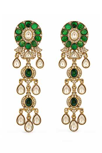 Shop_Prestones_White Stones, Crystals Polki Brass Long Earrings _at_Aza_Fashions