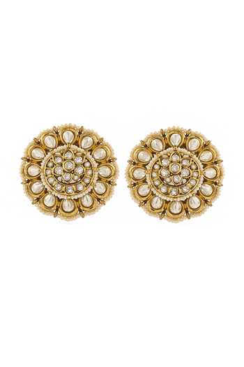 Shop_Prestones_White Pearls, Stones Polki Gold Finished Brass Stud Earrings Pair _at_Aza_Fashions