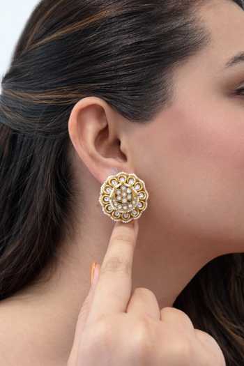 Buy_Prestones_White Pearls, Stones Polki Gold Finished Brass Stud Earrings Pair _at_Aza_Fashions