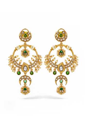 Shop_Prestones_White Pearls, Stones Polki Chandbali Gold-finished Brass Earrings _at_Aza_Fashions