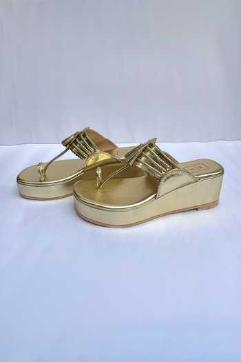 Shop_Sandalwali_Gold Tassels Kumari Poo Vegan Leather Kolhapuri Wedges _at_Aza_Fashions