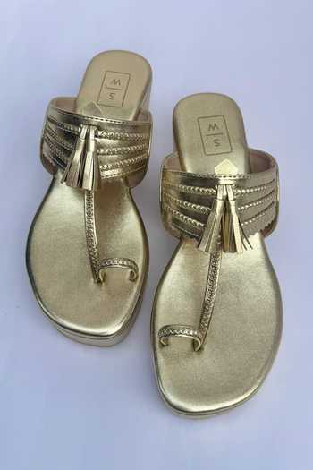 Sandalwali_Gold Tassels Kumari Poo Vegan Leather Kolhapuri Wedges _at_Aza_Fashions