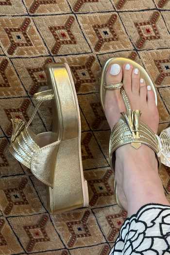 Buy_Sandalwali_Gold Tassels Kumari Poo Vegan Leather Kolhapuri Wedges _at_Aza_Fashions