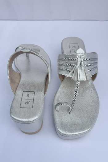 Shop_Sandalwali_Silver Tassels, Chains Kumari Poo Vegan Leather Kolhapuri Wedges _Online_at_Aza_Fashions