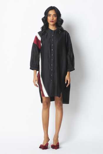 Shop_MADDER MUCH_Black Cotton, Chanderi Silk Mandarin Collar Bretta The Artist Pod Dress 