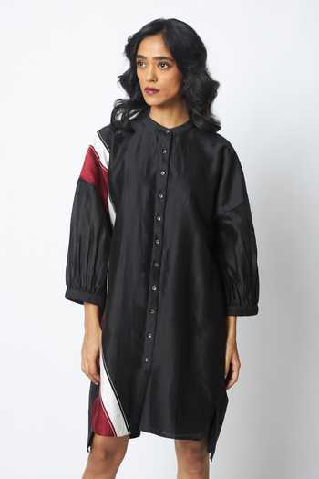 Buy_MADDER MUCH_Black Cotton, Chanderi Silk Mandarin Collar Bretta The Artist Pod Dress _at_Aza_Fashions