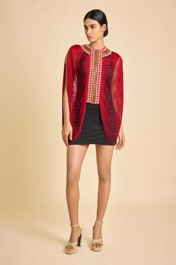 Buy_Surily G_Red Cotton Fringe High Neck Necklace Detail Top _Online_at_Aza_Fashions