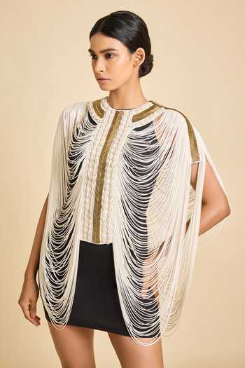 Buy_Surily G_Ivory Cotton Zari, Fringe High Neck Top _at_Aza_Fashions