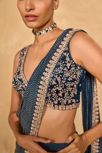 Chamee & Palak_Blue Tissue, Velvet Beads, Pearls, Kavya Jamewar Pre-draped Saree With Blouse _Online_at_Aza_Fashions