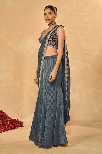 Buy_Chamee & Palak_Blue Tissue, Velvet Beads, Pearls, Kavya Jamewar Pre-draped Saree With Blouse _Online_at_Aza_Fashions