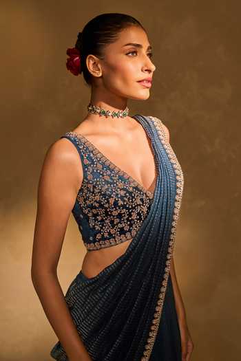 Chamee & Palak_Blue Tissue, Velvet Beads, Pearls, Kavya Jamewar Pre-draped Saree With Blouse _at_Aza_Fashions