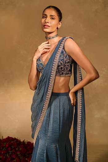 Chamee & Palak_Blue Tissue, Velvet Beads, Pearls, Kavya Jamewar Pre-draped Saree With Blouse _Online