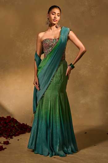 Buy_Chamee & Palak_Blue Silk, Tissue Sequins, Beads, Zari Asma Ombre Pre-draped Saree With Corset _at_Aza_Fashions