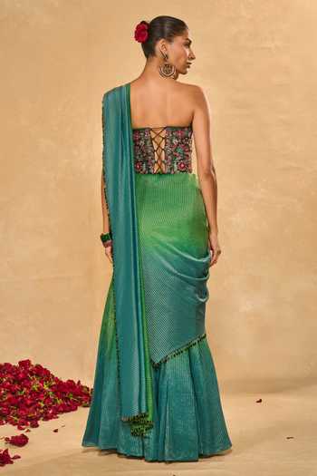 Shop_Chamee & Palak_Blue Silk, Tissue Sequins, Beads, Zari Asma Ombre Pre-draped Saree With Corset _at_Aza_Fashions