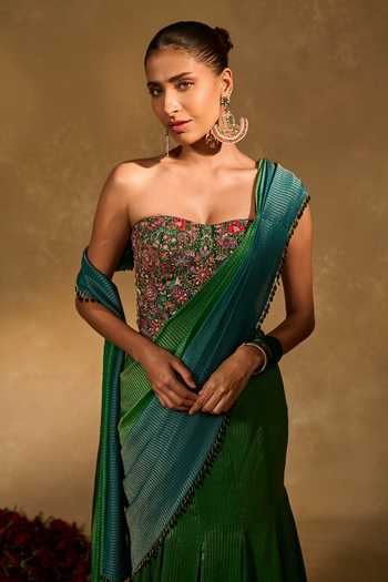 Chamee & Palak_Blue Silk, Tissue Sequins, Beads, Zari Asma Ombre Pre-draped Saree With Corset _Online