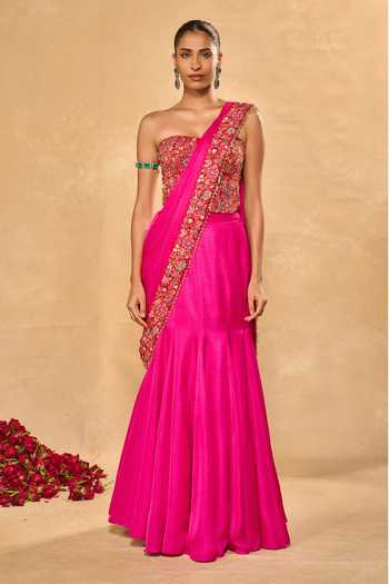 Buy_Chamee & Palak_Pink Silk Embroidery, Applique, Sequins, Arya Pre-draped Saree With Corset _Online_at_Aza_Fashions