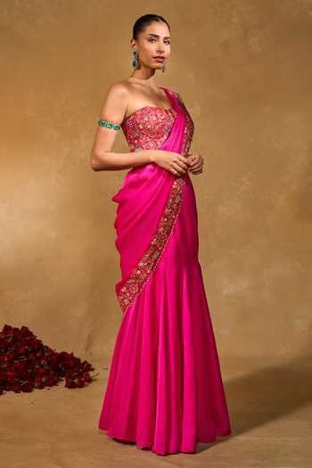 Shop_Chamee & Palak_Pink Silk Embroidery, Applique, Sequins, Arya Pre-draped Saree With Corset _Online_at_Aza_Fashions