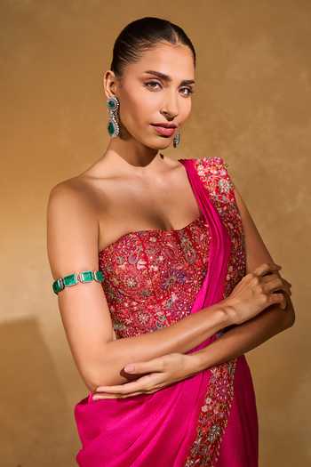 Chamee & Palak_Pink Silk Embroidery, Applique, Sequins, Arya Pre-draped Saree With Corset _at_Aza_Fashions