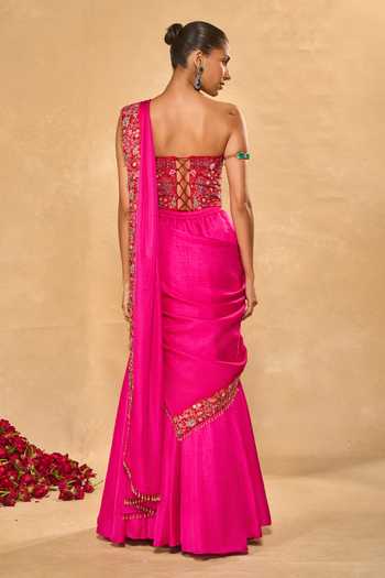 Shop_Chamee & Palak_Pink Silk Embroidery, Applique, Sequins, Arya Pre-draped Saree With Corset _at_Aza_Fashions