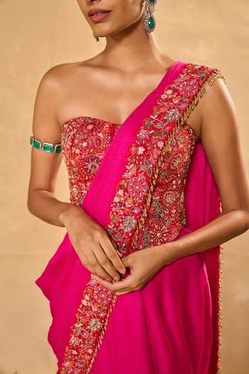 Buy_Chamee & Palak_Pink Silk Embroidery, Applique, Sequins, Arya Pre-draped Saree With Corset 