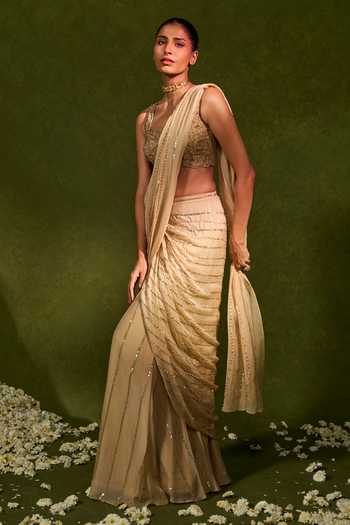 Shop_Chamee & Palak_Beige Silk, Organza Sequins, Aaliyah Pre-draped Saree With Embellished Blouse _Online_at_Aza_Fashions