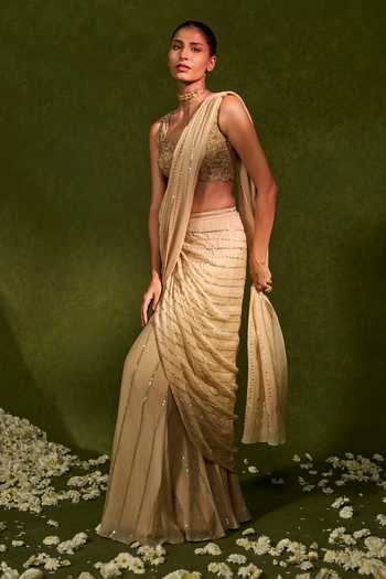 Chamee & Palak_Beige Silk, Organza Sequins, Aaliyah Pre-draped Saree With Embellished Blouse _at_Aza_Fashions