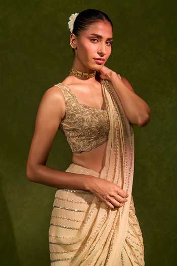 Shop_Chamee & Palak_Beige Silk, Organza Sequins, Aaliyah Pre-draped Saree With Embellished Blouse 