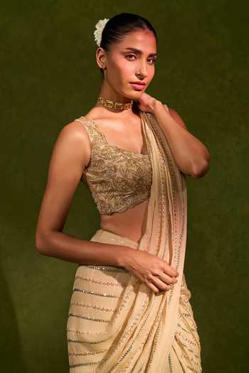 Chamee & Palak_Beige Silk, Organza Sequins, Aaliyah Pre-draped Saree With Embellished Blouse _Online