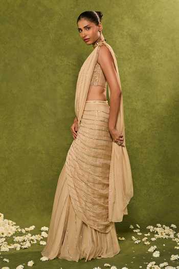 Buy_Chamee & Palak_Beige Silk, Organza Sequins, Aaliyah Pre-draped Saree With Embellished Blouse _Online