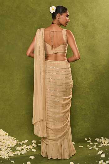 Shop_Chamee & Palak_Beige Silk, Organza Sequins, Aaliyah Pre-draped Saree With Embellished Blouse _at_Aza_Fashions