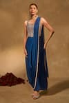 Buy_Chamee & Palak_Blue Satin, Chiffon, Velvet Tassels, Lekha Slit Dhoti Saree With Corset _at_Aza_Fashions
